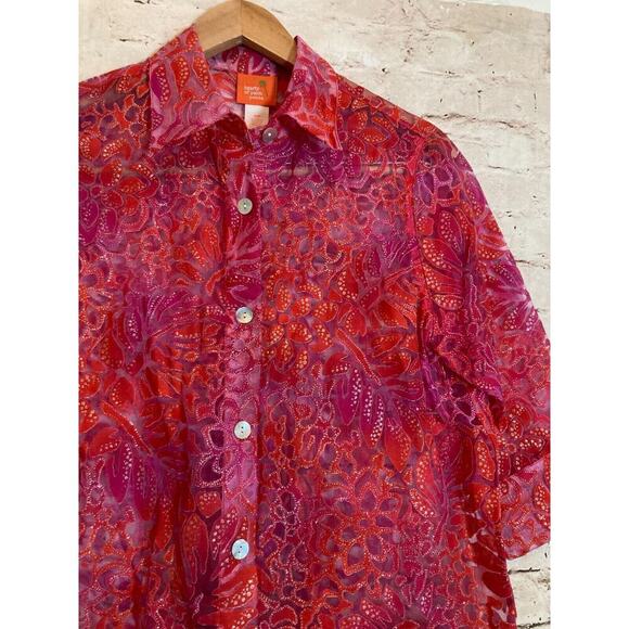 Hearts of Palm Top Womens 10 Petite Pink Glitter Burnout Button Up Sheer Floral - Picture 5 of 12